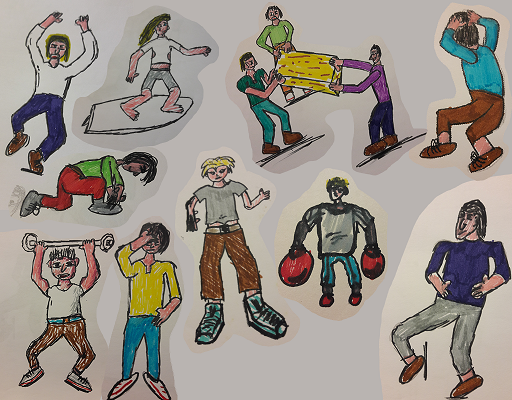 Stickfigure poses omgezet naar simpele personage tekeningen.