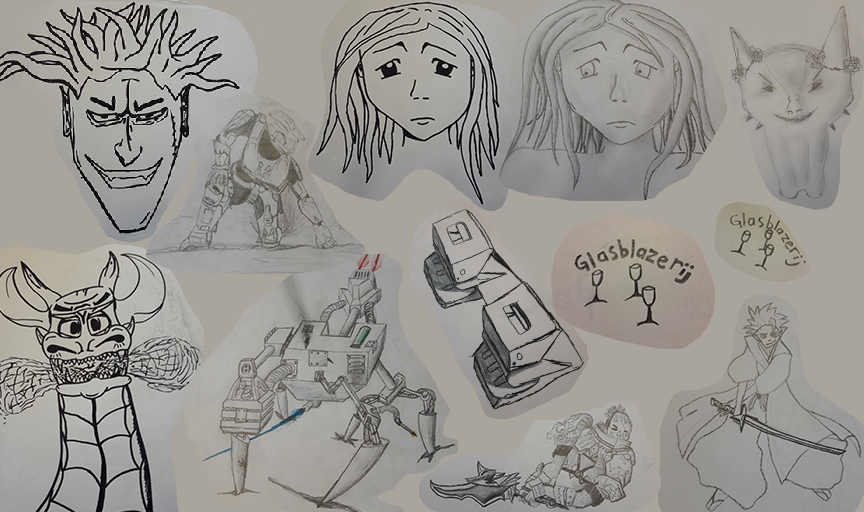 Character drawings, robots, dragons and tools.