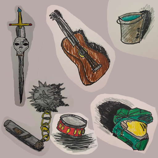Weapons and tools drawn and coloured.