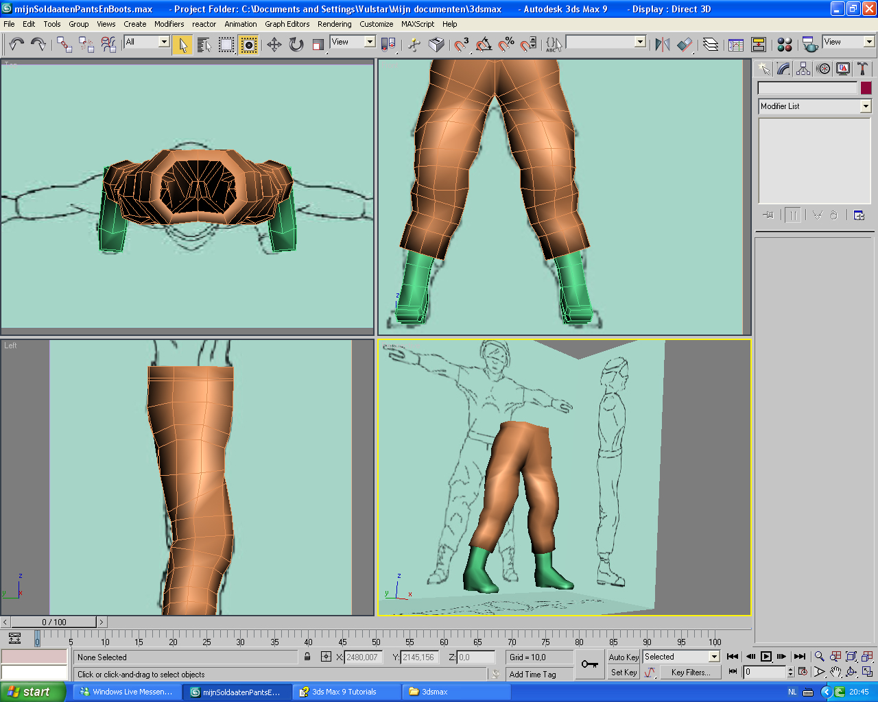 The 3D design of the lower body of a character.