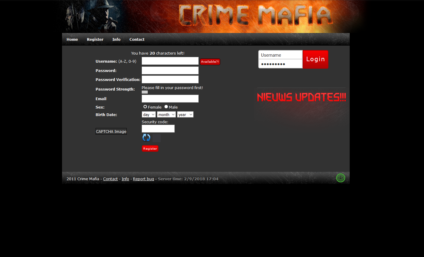 The registration page of the Crimemafia website.